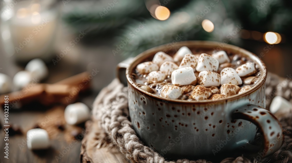 A rustic ceramic cup filled with hot chocolate and topped with marshmallows, placed on a knitted coaster. The scene is set against a festive background with warm lighting. A rustic ceramic cup filled with hot chocolate and topped with marshmallows, placed on a knitted coaster. The scene is set against a festive background with warm lighting.