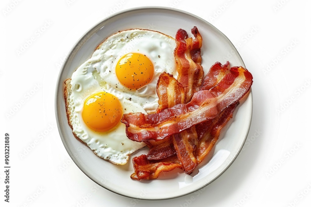 Breakfast Top View. American Breakfast Plate with Fried Eggs and Bacon Isolated on White Background Breakfast Top View. American Breakfast Plate with Fried Eggs and Bacon Isolated on White Background