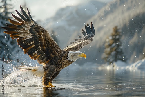 Bald Eagle in Flight over Winter Lake photo