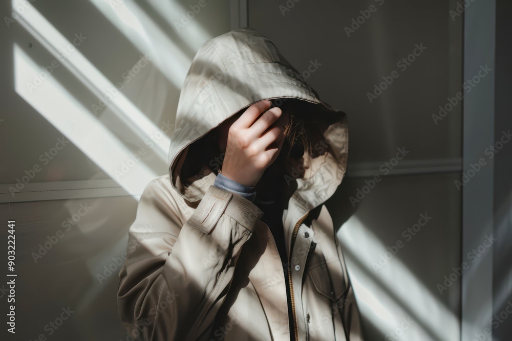A Young Individual in a Hooded Jacket Standing in Sunlit Room With Shadows A Young Individual in a Hooded Jacket Standing in Sunlit Room With Shadows