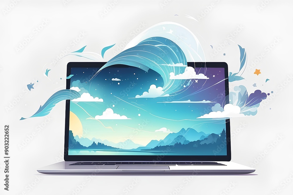 serene landscape displayed on a laptop screen with a picturesque scene of mountains and calm waters under a clear sky serene landscape displayed on a laptop screen with a picturesque scene of mountains and calm waters under a clear sky