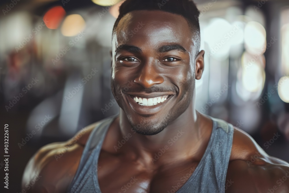 A fit muscular male personal trainer smiling at the camera in a gym, close up A fit muscular male personal trainer smiling at the camera in a gym, close up