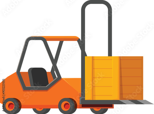 Cartoon style illustration of an orange forklift carrying a big wooden box