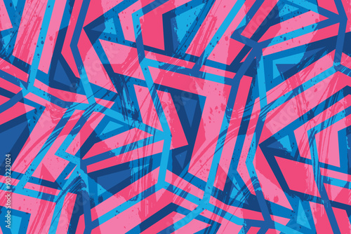 Abstract seamless geometric pattern with curved lines, arrows, triangles in blue and pink colors. Textured geometric stripes ornament. Tribal print. Arrows and lines pattern for sport textile, clothes
