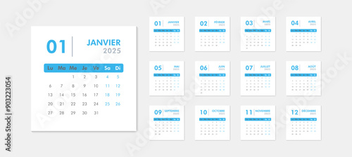 2025 calendar modern classic on French language. Week starts on Monday