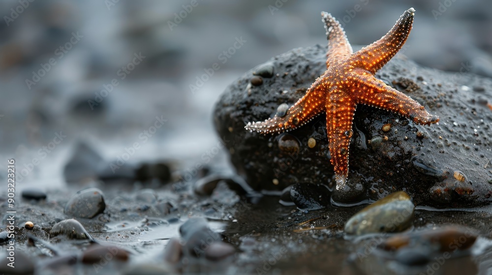 Nature shot of a single starfish resting on a textured rock at the seashore, highlighting the marine life and serene coastal environment, capturing a still moment by the sea. Nature shot of a single starfish resting on a textured rock at the seashore, highlighting the marine life and serene coastal environment, capturing a still moment by the sea.