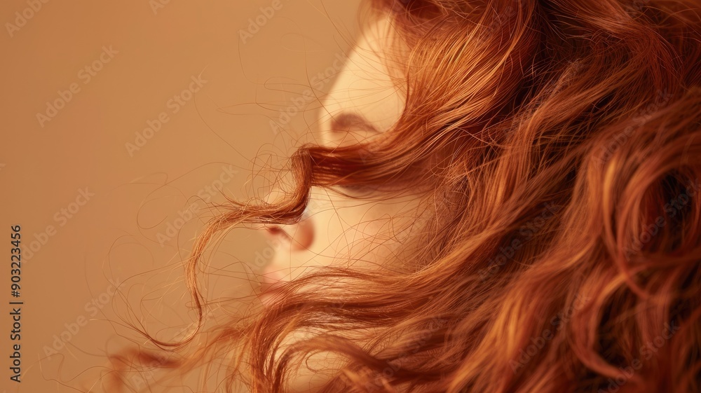 Profile of woman with curly red hair against soft background Profile of woman with curly red hair against soft background