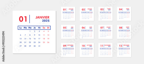 2025 calendar modern classic on French language. Week starts on Monday