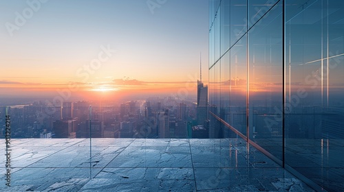 Glass facades on a bright sunny day with sunbeams in the blue sky. Glass wall with city skyline at sunset
