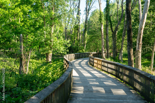 long windy boardwalk made of lumber with handrail to allow walking trail path through wooded wetland area for public to enjoy outdoor recreation