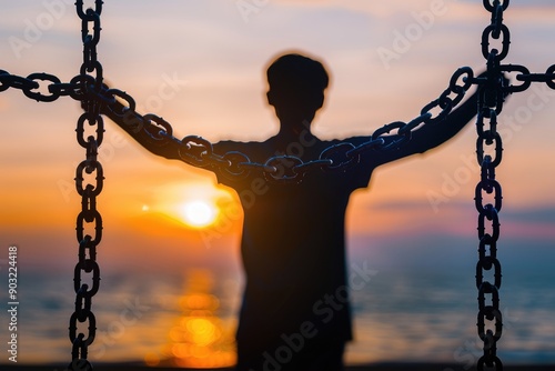 Silhouette man breaks chains  prays for freedom and forgiveness.