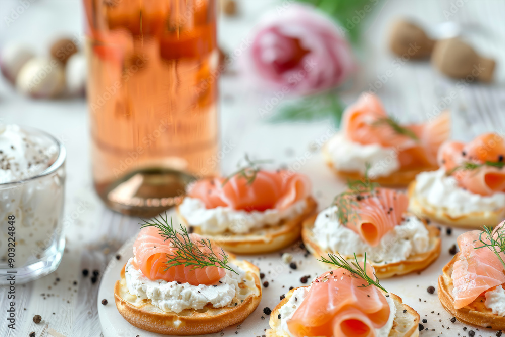 Smoked salmon blinis with cream cheese, fresh dill and a bottle of prosecco blurred in background Smoked salmon blinis with cream cheese, fresh dill and a bottle of prosecco blurred in background