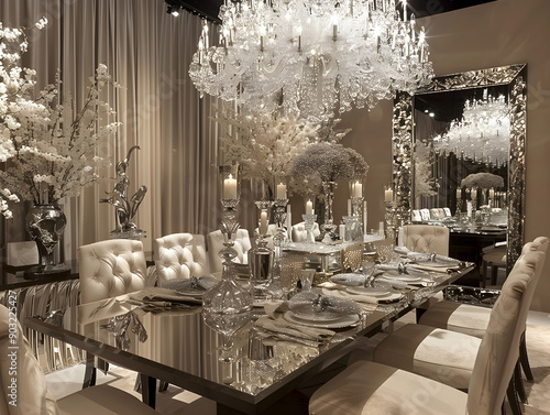 Opulent dining room with a sparkling crystal chandelier, luxurious decor, and modern minimalist furniture.