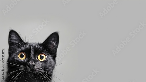 Black cat with yellow eyes looks up on grey background © Татьяна Макарова