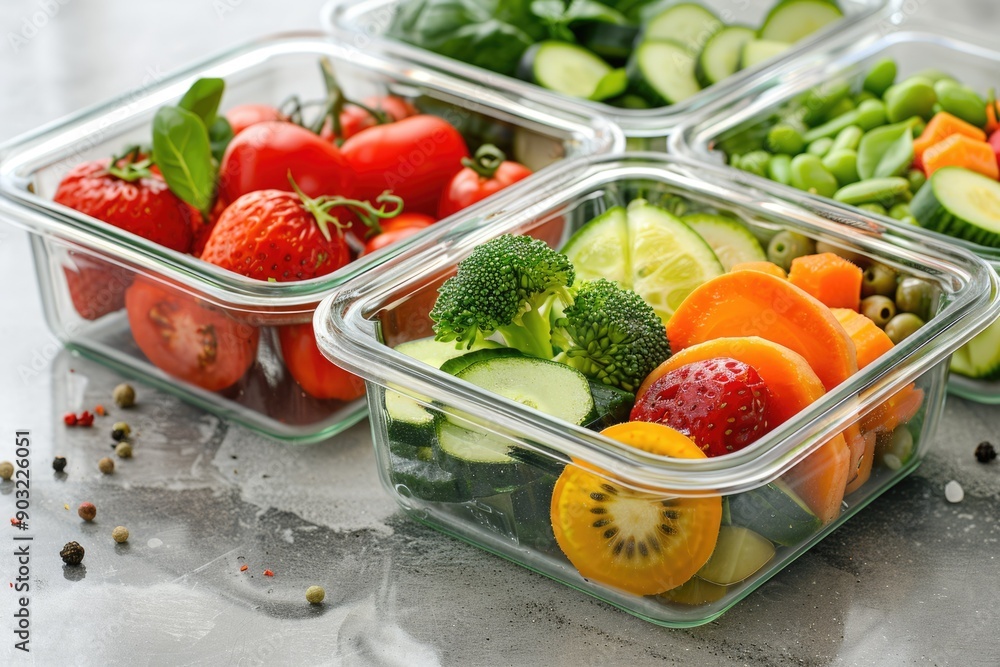 Creative glass food container with various fruits and vegetables image. Creative glass food container with various fruits and vegetables image.