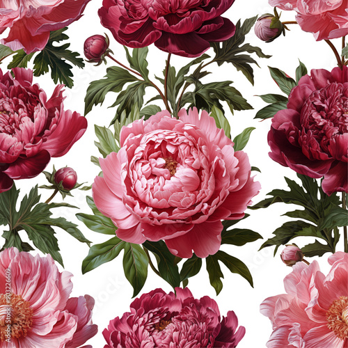 Seamless vector pattern with pink peony flowers isolated on a changeable background.