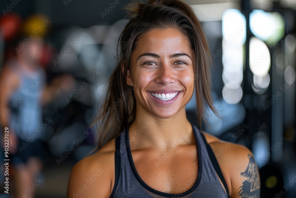 A fit muscular female personal trainer smiling at the camera in a gym, close up