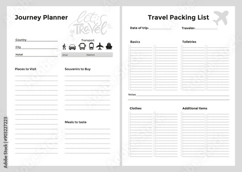 Travel Planner Printable Bullet journal template. Information of destination, transport, dates, and hotel. Places to visit and meals to try. Business Trip and Vacation. Travel Packaging list.