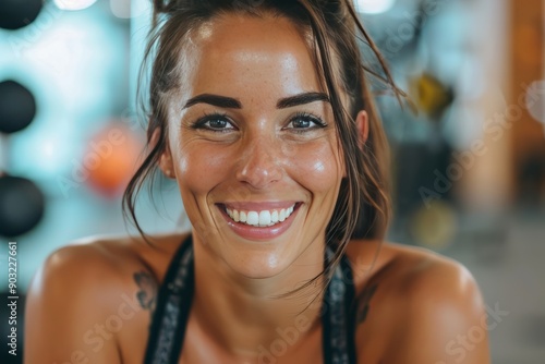A fit muscular female personal trainer smiling at the camera in a gym, close up Free Download A fit muscular female personal trainer smiling at the camera in a gym, close up - GFXLoad