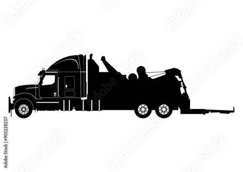 Silhouette of a heavy duty tow truck. Heavy recovery vehicle. Vector.