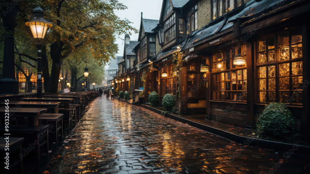 Fototapeta premium traditional pub on a rainy street of an English city, architecture, house, windows, building, England, Great Britain, Scotland, bar, hotel, lights, evening, night, paving stones, European town, puddle