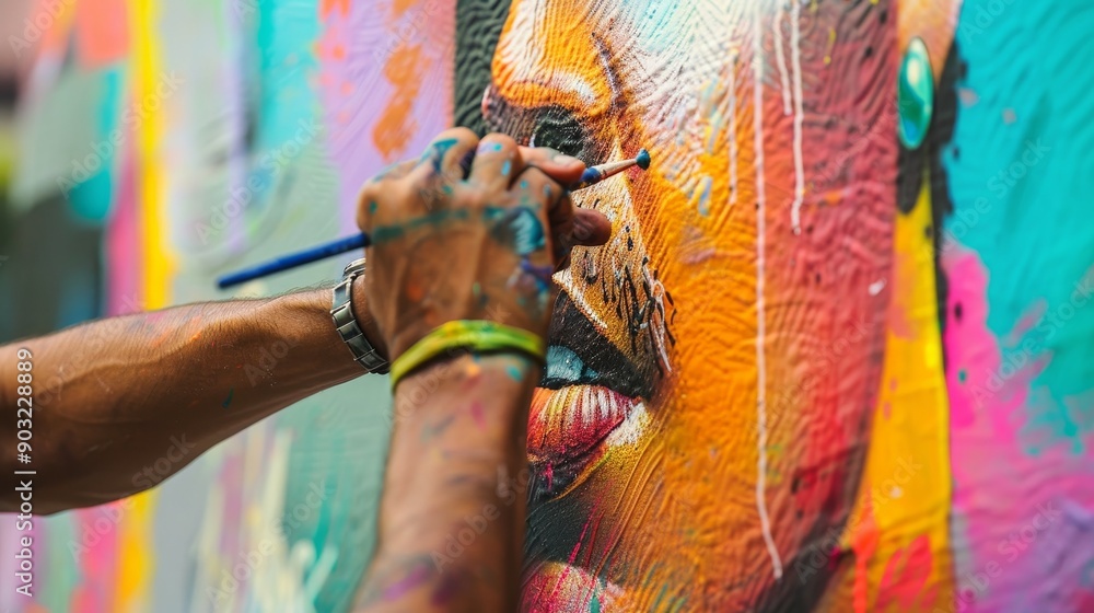 Naklejka premium Close-up of a street artist painting a mural on a wall.