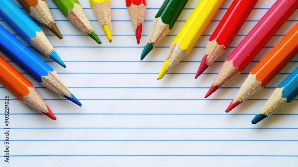 Colorful pencils on lined notebook paper background with space for text School education theme Colorful pencils on lined notebook paper background with space for text School education theme