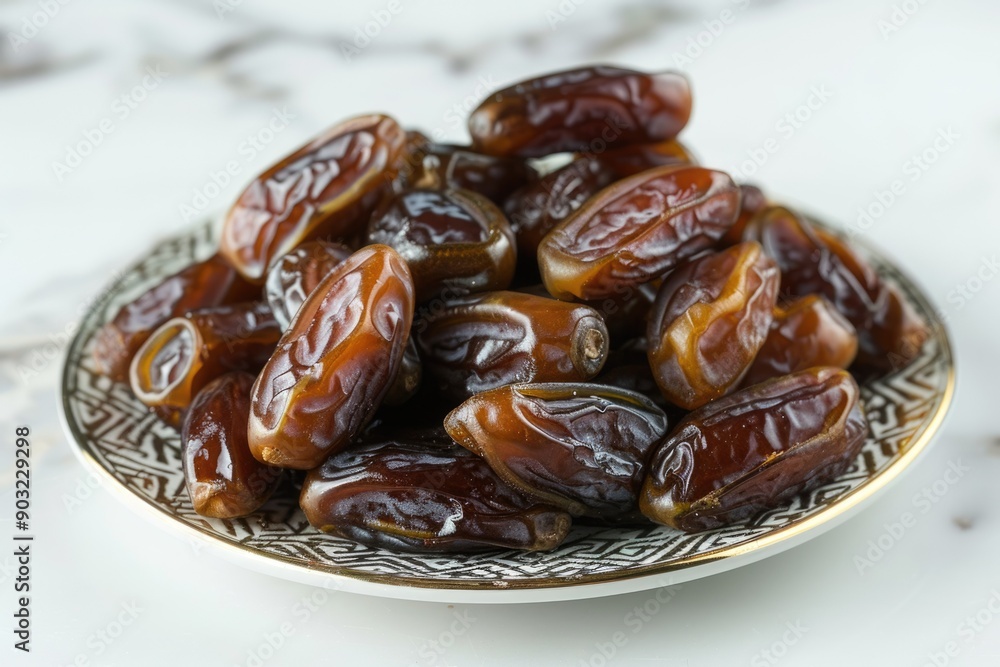 Fototapeta premium Plate with dried dates for Ramadan on white background