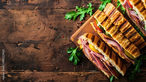 Grilled sandwiches with ham, cheese, and fresh greens on wooden board