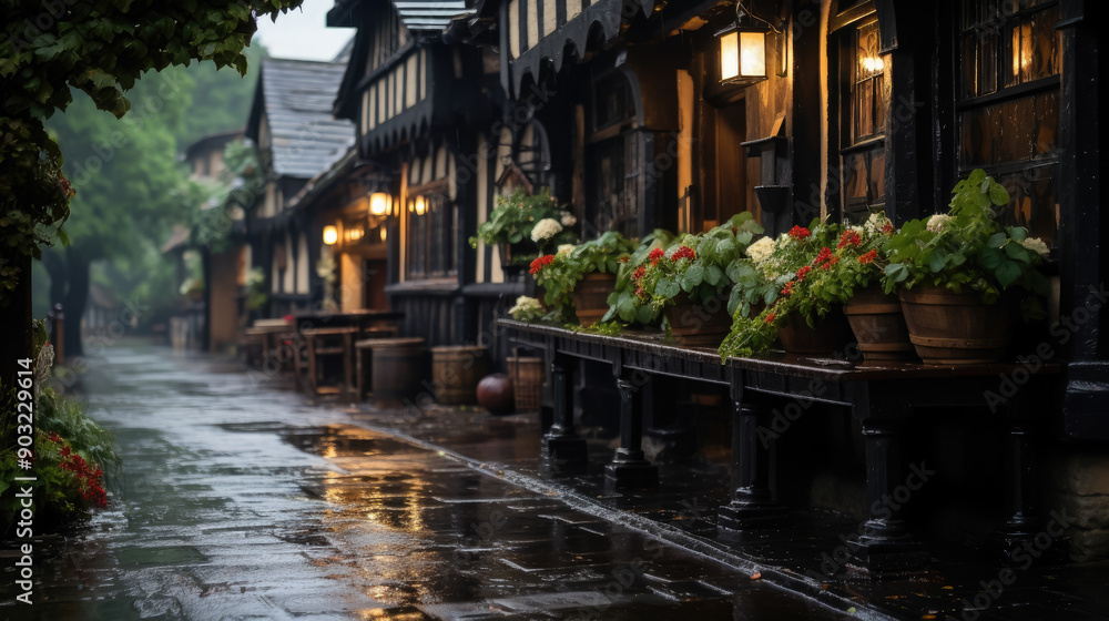 Obraz premium traditional pub on a rainy street of an English city, architecture, house, windows, building, England, Great Britain, Scotland, bar, hotel, lights, evening, night, paving stones, European town, puddle