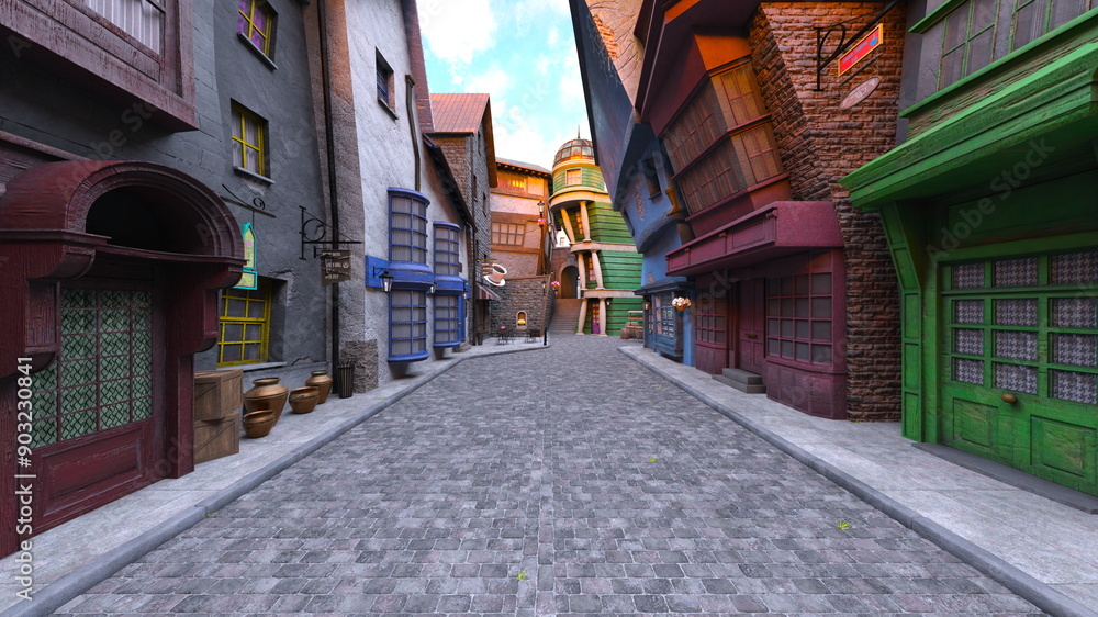 Obraz premium 石畳のある街かど 3DCGレンダリング