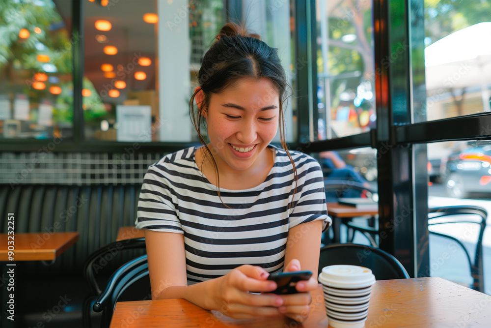 A young Asian girl in a cafe sitting on her cell phone with a happy look on her face and smiling. A young Asian girl in a cafe sitting on her cell phone with a happy look on her face and smiling.