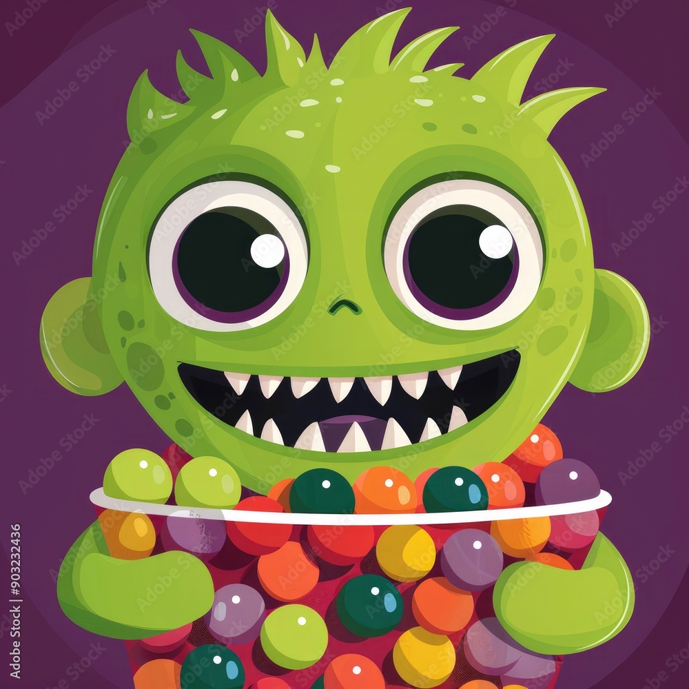 Fototapeta premium Happy Green Monster Holding a Bowl of Colorful Balls
