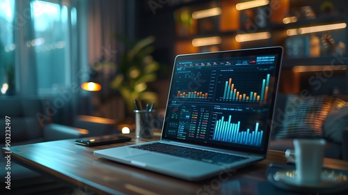 A modern workspace featuring a laptop displaying data analytics on a wooden desk, surrounded by a cozy atmosphere with warm lighting. 