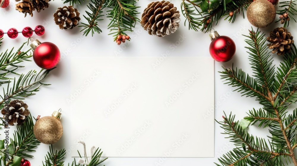 Christmas themed composition with blank card and ornaments against white backdrop Christmas themed composition with blank card and ornaments against white backdrop