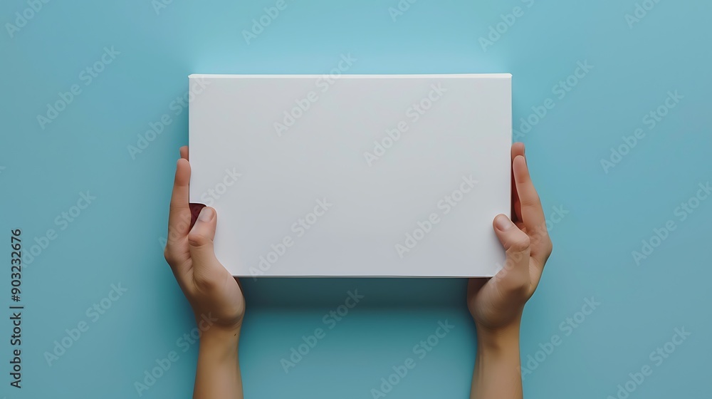 A pair of hands holds a blank, white box against a light blue background, ideal for product packaging or branding applications. A pair of hands holds a blank, white box against a light blue background, ideal for product packaging or branding applications.