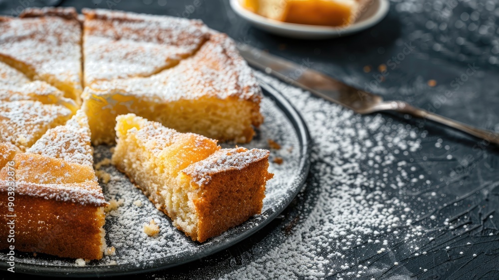 Sliced, powdered sugar-coated cake on dark background Sliced, powdered sugar-coated cake on dark background