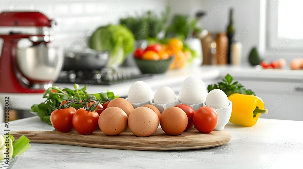 Assorted fruits, vegetables, and eggs arrangement on white table Assorted fruits, vegetables, and eggs arrangement on white table