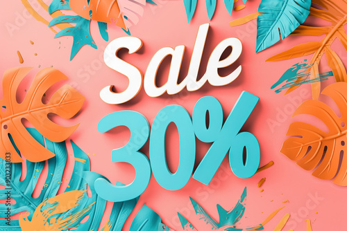 Summer sale banner with a 30% discount, styled with tropical leaves and a warm coral background for an exotic shopping vibe