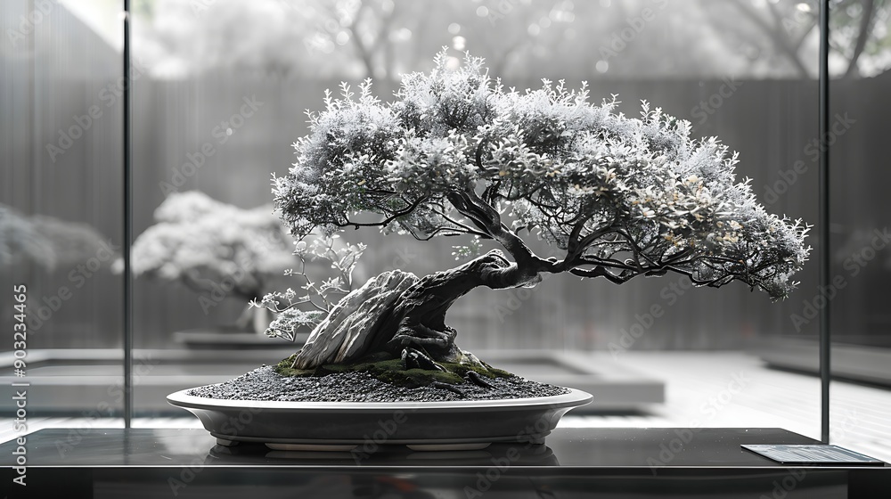 A beautifully crafted bonsai tree displayed in a serene, minimalist setting, showcasing the art of nature and tranquility. A beautifully crafted bonsai tree displayed in a serene, minimalist setting, showcasing the art of nature and tranquility.