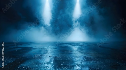 Dark street with wet asphalt and reflections of rays
