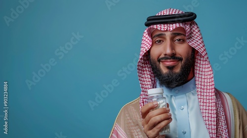 Smiling Man in Traditional Clothing Holds a Bottle of Pills