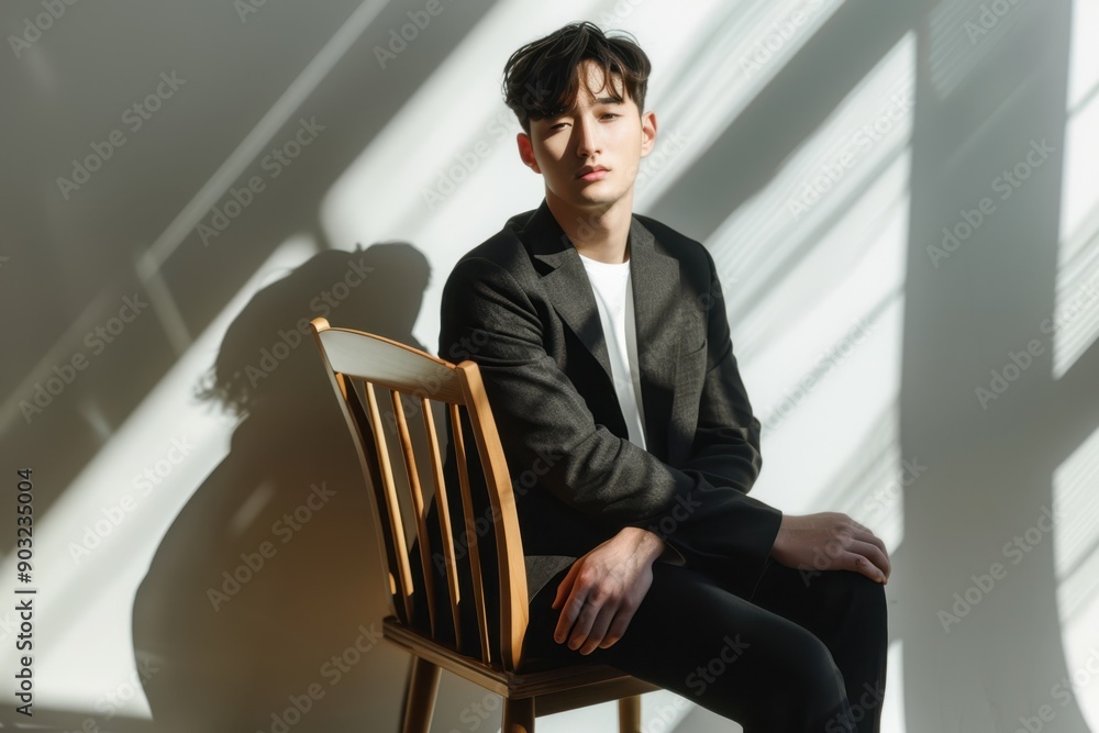 Asian man poses in modern minimalistic interior with geometric lines. Asian man poses in modern minimalistic interior with geometric lines.
