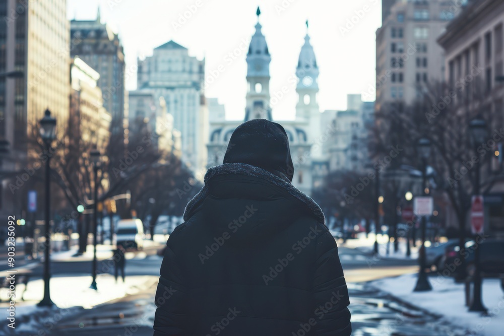 Obraz premium A Person Stands on a Snowy Street Observing Historic Buildings in Philadelphia During Early Morning Light