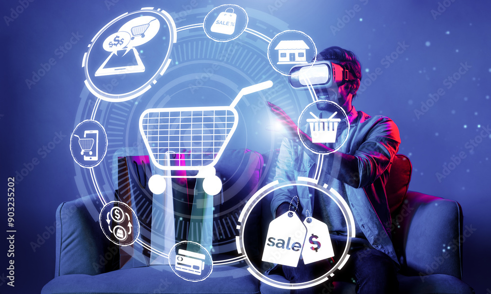 Happy man using VR headset and shopping online while sitting at sofa with shopping bags. Smart person looking at online market hologram and icon with neon background. Innovation technology. Deviation. Happy man using VR headset and shopping online while sitting at sofa with shopping bags. Smart person looking at online market hologram and icon with neon background. Innovation technology. Deviation.