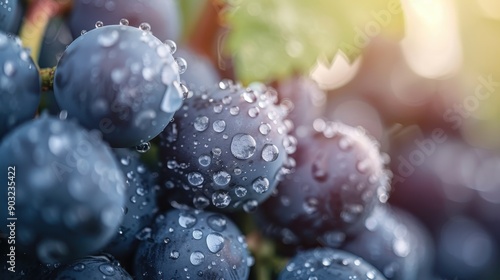 A close-up image of ripe grapes covered in dewdrops, highlighted by soft sunlight, capturing the essence of freshness, natural beauty, and the promise of a fine wine.