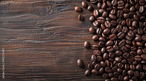 Bunch of dark roasted coffee beans scattered across a wooden surface providing an aesthetic vibe showcasing the natural beauty of coffee that is synonymous with warmth.