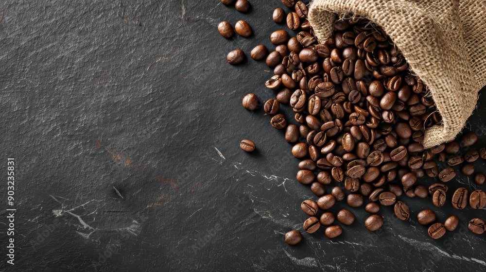 A burlap sack releases a cascade of dark roasted coffee beans onto a black marble slab, inviting coffee enthusiasts to appreciate the quality and flavor. A burlap sack releases a cascade of dark roasted coffee beans onto a black marble slab, inviting coffee enthusiasts to appreciate the quality and flavor.