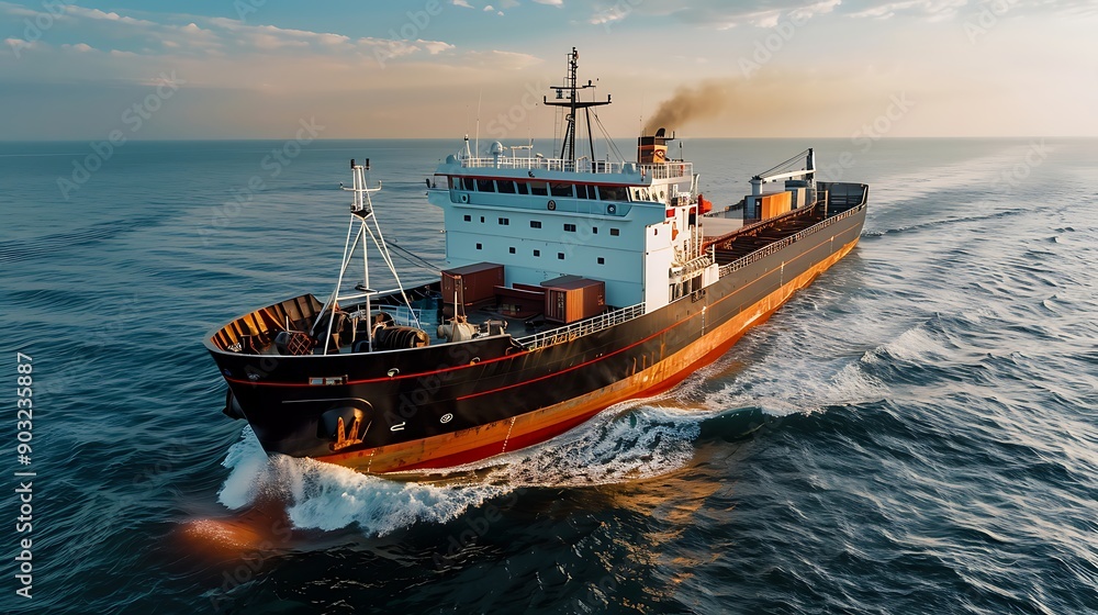 Obraz premium A large cargo ship navigates through calm waters under a vibrant sky, showcasing maritime transport and trade. 
