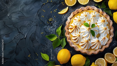 Lemon meringue pie with lemons and leaves on dark textured background photo